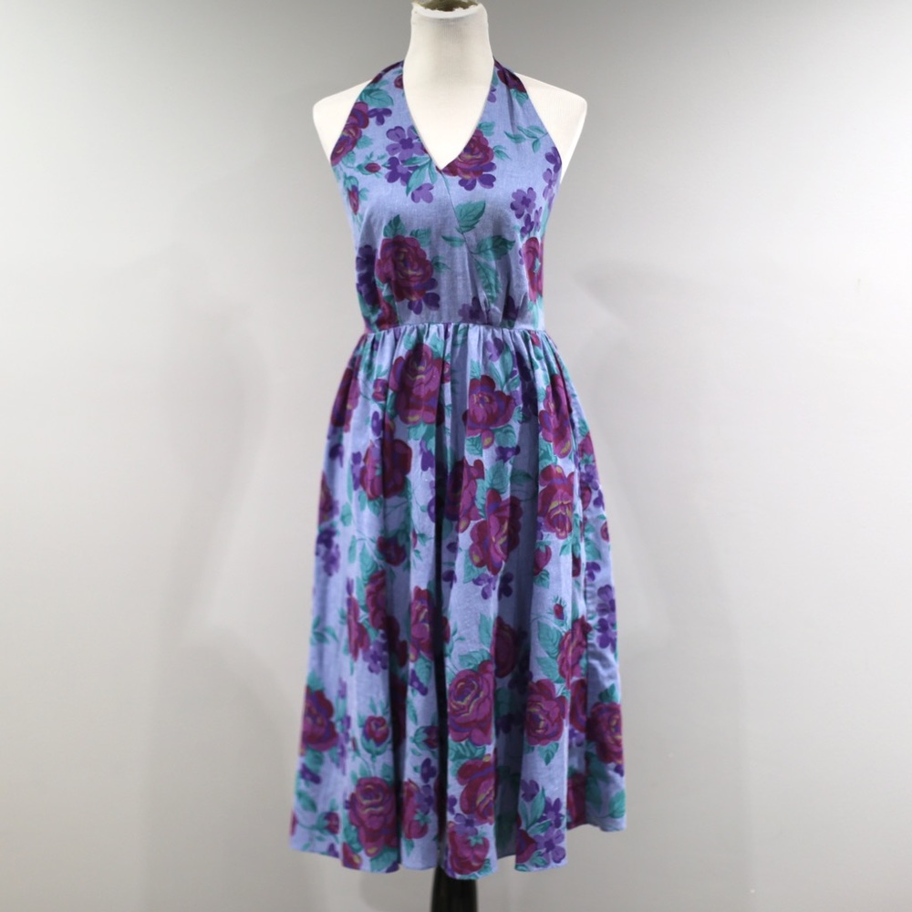 Vintage Halter Dress Womens 11 12 Floral Midi